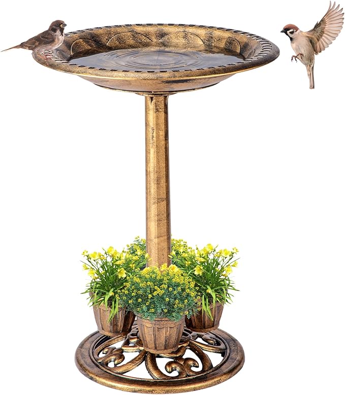 Bird Bath for Outside with 4 Removable Flower Planters 28in Polyresin Lightweight Vintage Birdbath for Outdoors Stake Standing Bowl and Water Feeder Yard Garden Decor Bronze-VerdiqueGarden