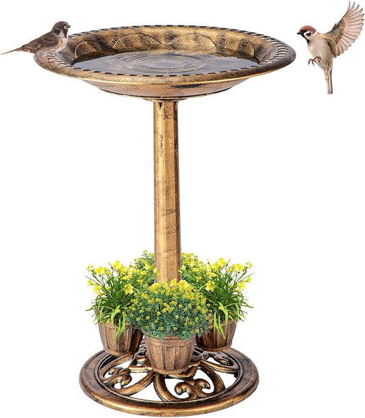 Bird Bath for Outside with 4 Removable Flower Planters 28in Polyresin Lightweight Vintage Birdbath for Outdoors Stake Standing Bowl and Water Feeder Yard Garden Decor Bronze-VerdiqueGarden