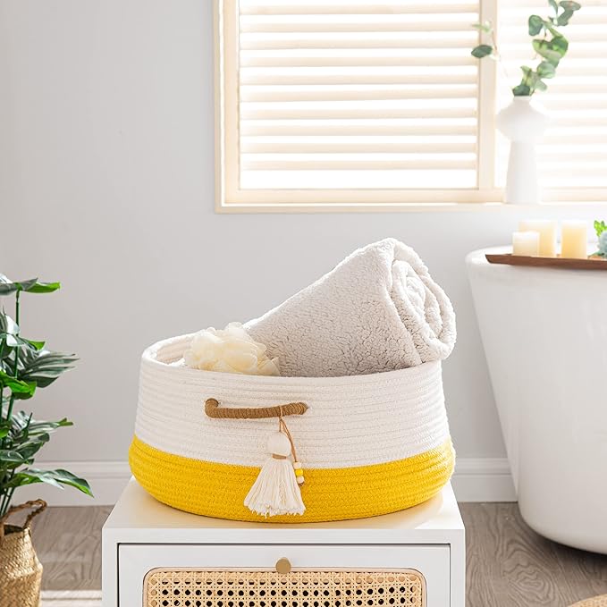 KAKAMAY Woven Baskets for Storage(16"x8"),Blanket Basket for Organizing Living Room,Cotton Rope Basket Woven Baby Laundry Hamper,Collapsible Laundry Room Organization,Clothes,Toy Chest(Yellow)-VerdiqueGarden