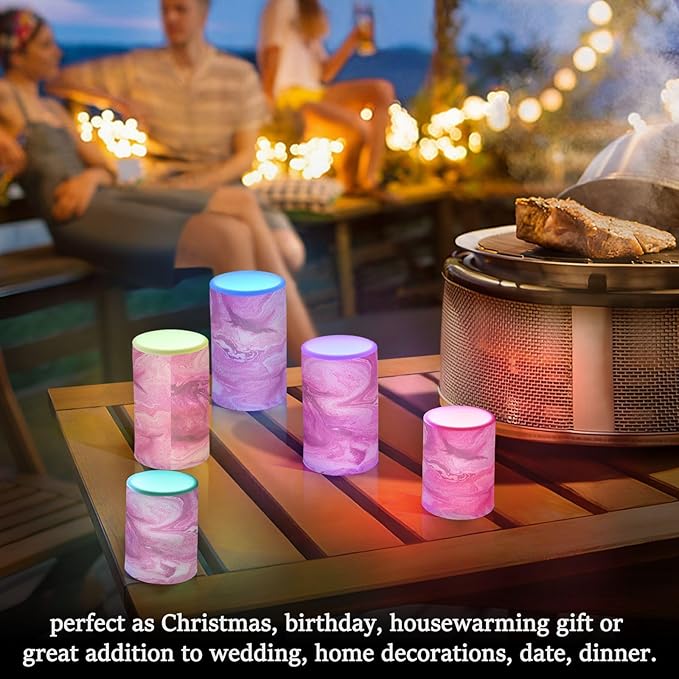 Flickering Flameless Candles, Pink Fuchsia Marble LED Candles with Remote Timer, Set of 2 Battery Operated Candle for Valentine Wedding Birthday-VerdiqueGarden