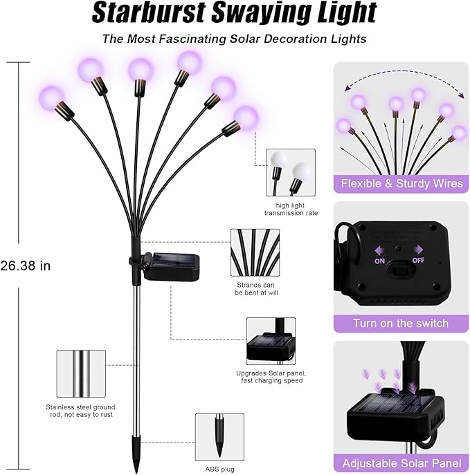 Solar Garden Lights Outdoor, Waterproof Solar Powered Lights for Yard Pathway Patio, Swaying Lawn Decor as Gardening Gifts for Women Holiday (Purple, 4 Pack 24 LED)-VerdiqueGarden