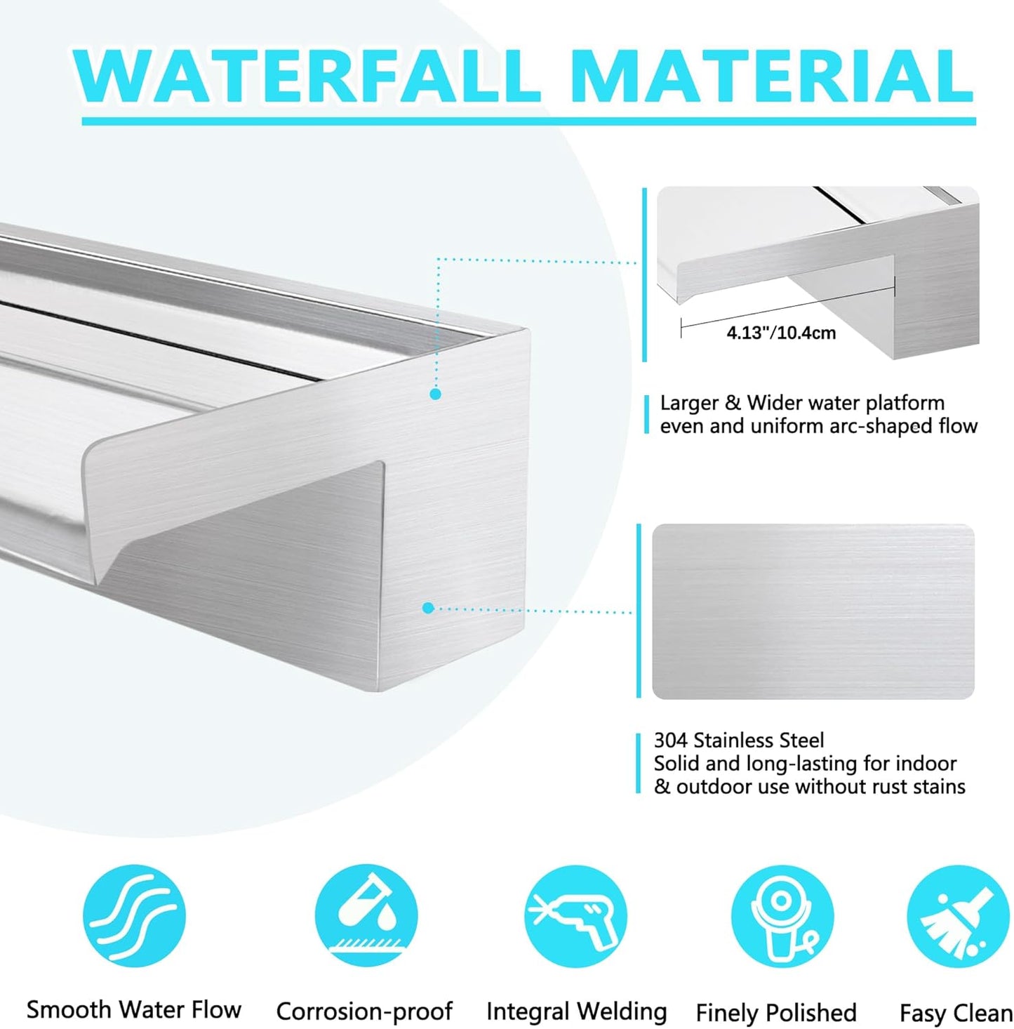 Waterfall Spillway Fountain 304 Stainless Steel Water Pool Fountain with Wider Water Flow Platform,Pool Waterfall for Outdoor Garden and Patio Decorations(35.5 Inch)-VerdiqueGarden