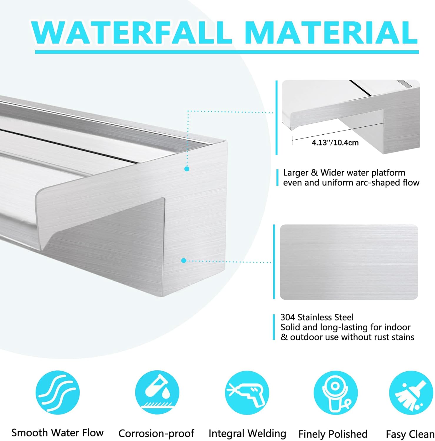 Waterfall Spillway Fountain 304 Stainless Steel Water Pool Fountain with Wider Water Flow Platform,Pool Waterfall for Outdoor Garden and Patio Decorations(35.5 Inch)-VerdiqueGarden