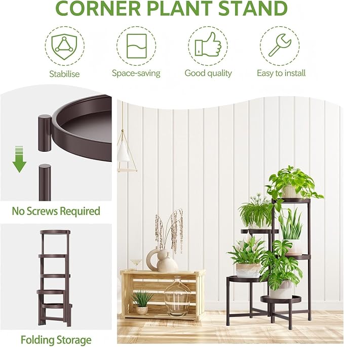 iDavosic.ly 5 Tier Large Plant Stand Indoor, 10 Inch Wide Tall Corner Metal Plant Stands Outdoor for Multiple Plants, Folding Tiered Flower Display Holder Rack Shelf, Violet Bronze-VerdiqueGarden