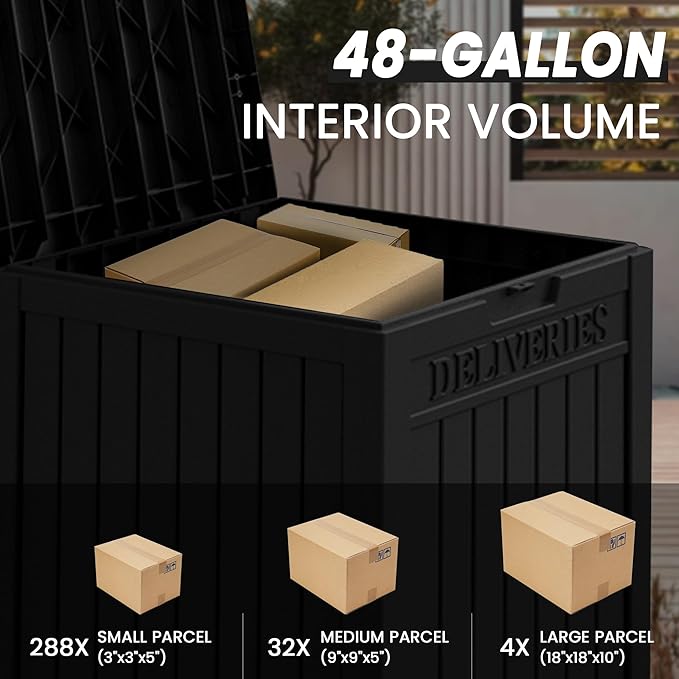 55 Gallon Lockable Resin Deck Box, Waterproof & UV-Resistant Outdoor Storage Box for Cushion Storage and Delivery Box, Black-VerdiqueGarden