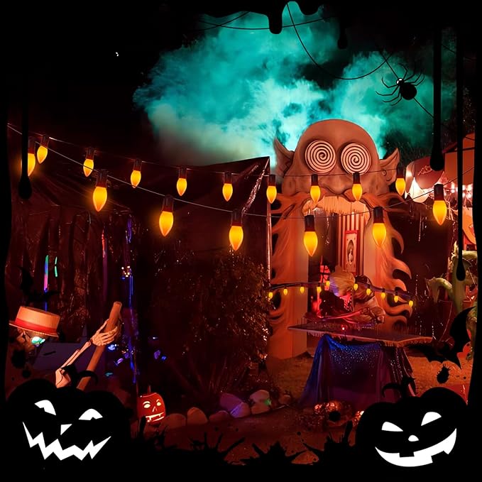 25FT LED Halloween Outdoor String Lights with 26 C9 Candle Shape Shatterproof Plastic Bulbs,2700K Waterproof Connectable Orange LED String Lights for Home Garden Halloween Christmas Fall Decor-VerdiqueGarden
