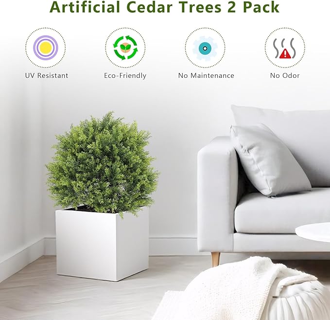 THE BLOOM TIMES 2ft Artificial Topiary Ball Trees Outdoor Set of 2, 24" Tall Faux Cedar Plants Outside UV Resistant Greenery Fake Evergreen Potted Bushes and Shrubs for Front Porch Patio Planter Decor-VerdiqueGarden