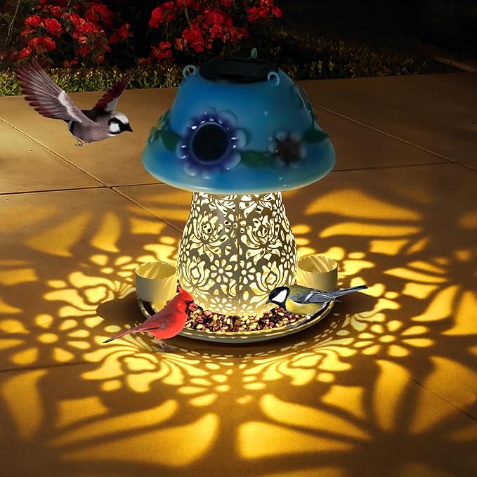 Mushroom Solar Bird Feeders for Outdoors Hanging Metal Wild Bird Feeder Garden Lantern with S Hook for Garden Decoration Blue-VerdiqueGarden