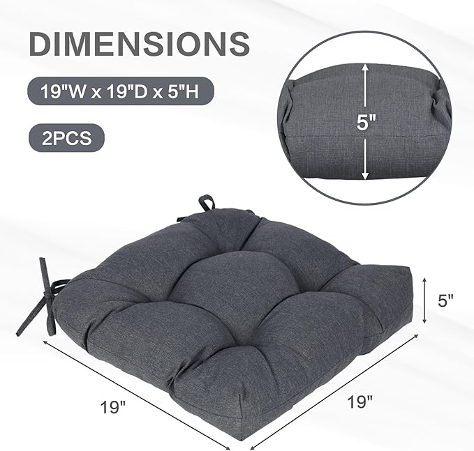 Aoodor 19" x 19" x 5" Tufted Outdoor Chair Cushions, Water Resistant & Fade Resistant Polyester Dining Chair Pads with 2 Straps for Patio Furniture, Set of 2-VerdiqueGarden