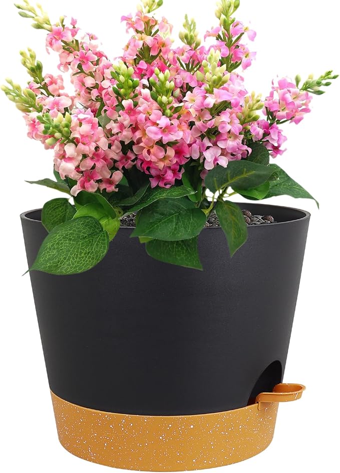 12 inch Large Self Watering Pots, Plant Pots with Mesh Drainage Holes for Indoor Outdoor Plants, Plastic Planters with Deep Reservoir for Garden House Flower Plants, Black with Brown-VerdiqueGarden