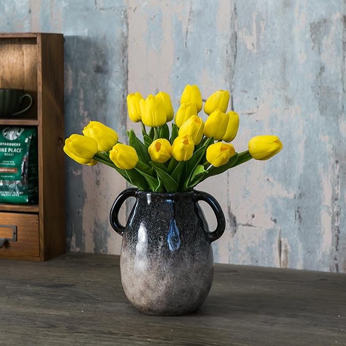 Blue Gradient Ceramic Vase with 2 Handles, Modern Farmhouse Decor, Rustic Terracotta Pottery, Decorative Clay Flower Vase, Centerpiece for Dining Table - 7 Inch-VerdiqueGarden