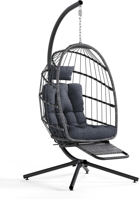 SWITTE Egg Chair Outdoor with Footrest & Stand, Indoor Wicker Hanging Egg Swing Chair with Cushion for Patio, Bedroom, Garden - Dark Gray-VerdiqueGarden
