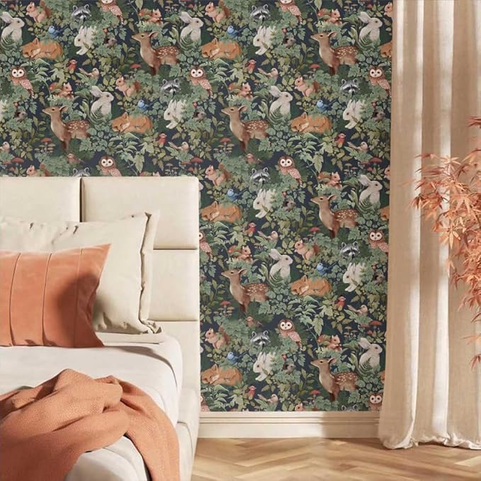Green Plants Leaf Animal Forest Deer Rabbits Squirrel Owl Peel and Stick Wallpaper Self Adhesive Removable Easy Peel Off Contact Stick on Wall Paper for Bedroom Cabinet Renter Friendly-VerdiqueGarden