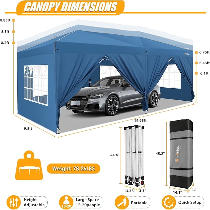 HOTEEL 10x20 Pop up Canopy with 6 Sidewalls, One Push Instant Setup Outdoor Canopy Tent with Reinforce Rod, Weight Bag, for Parties, Events, Blue-VerdiqueGarden