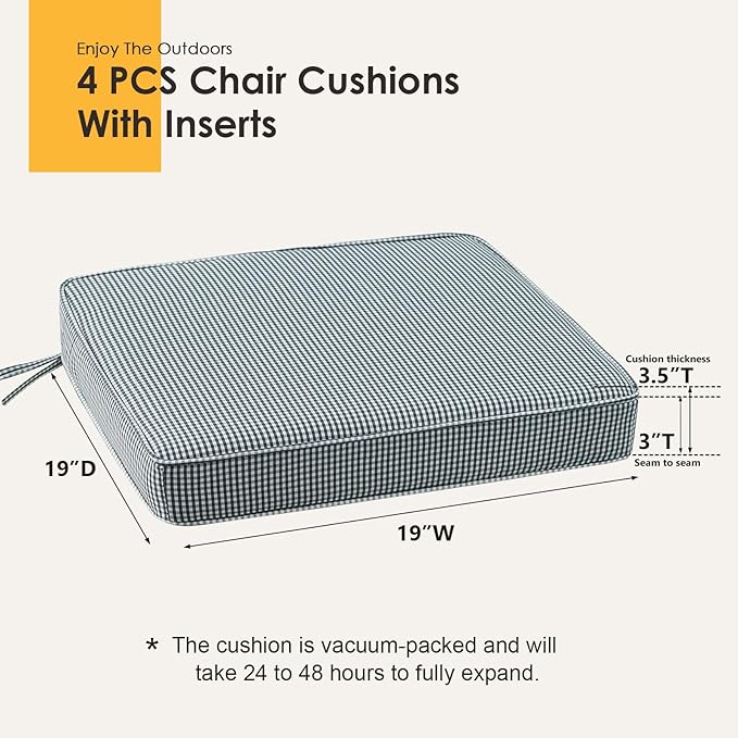 Outdoor Square Corner Seat Cushion, 19"x19"x3", Set of 4, Non Slip Seat Cushion Pads with Removable Cover for Patio Furniture, Garden Yard Lawn, Black White Mini Check-VerdiqueGarden