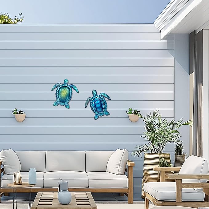 LIFFY Metal Turtle Wall Art Decor Ocean Wall Hanging Coastal Wall Sculptures Beach Theme Wall Decoration for Indoor Outdoor Bathroom Beach Garden Pool (10", 2 pcs)-VerdiqueGarden