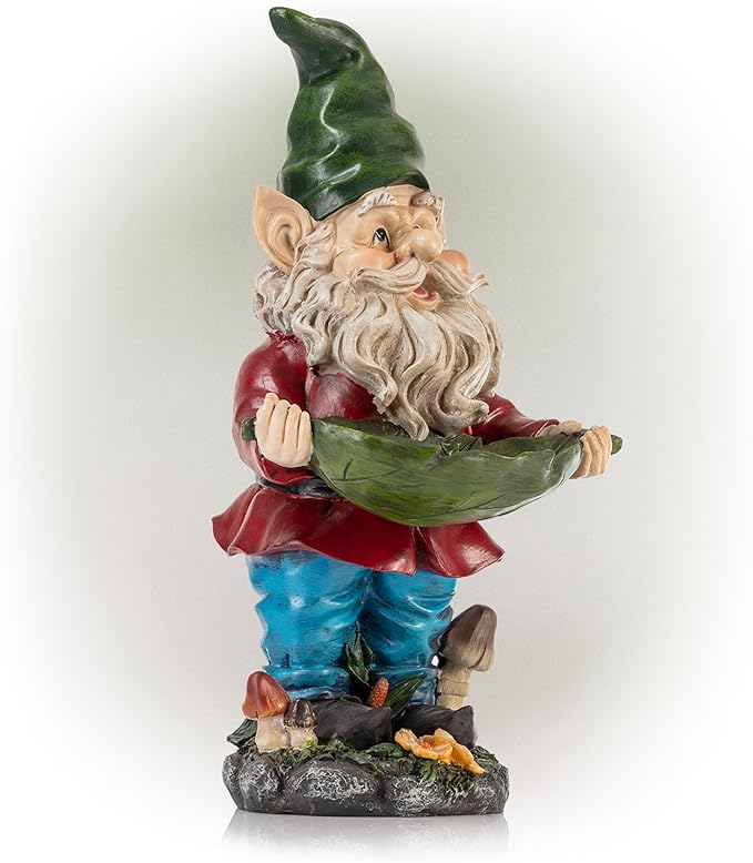 Alpine Corporation 16" Tall Outdoor Garden Gnome and Bird Feeder Yard Statue Decoration-VerdiqueGarden