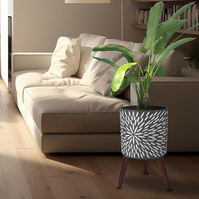 10 Inches Plant Pot with Stand, Large Modern Standing Planters for Indoor Plants with Drainage Holes, Gray Flower Pots with Legs-VerdiqueGarden