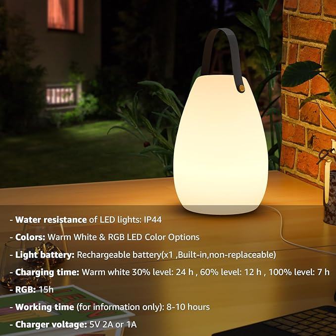 uuffoo Portable Outdoor Table Lamp, Dimmable Cordless Lamp with Remote and 7 RGB Colors IP44 Waterproof Hanging Lamp Indoor/Outdoor Night Lamp Lantern for Bedroom Garden Dining Camping-VerdiqueGarden