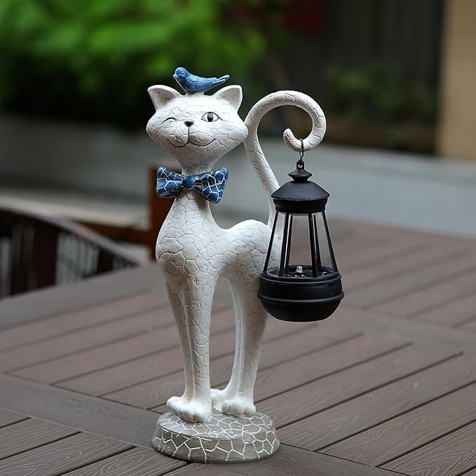 Solar Outdoor Garden Statues Light,Cat Figurines with Cute Birds Garden Sculpture Decor, Unique Christmas Gifts for Women, Men or Daughter, Housewarming Gifts and Yard Decoration-VerdiqueGarden