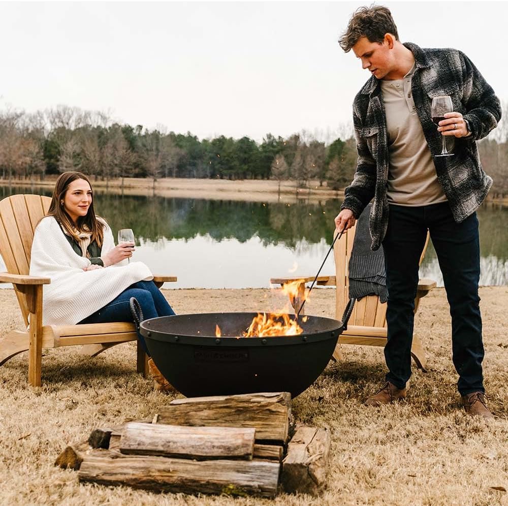 Ash & Ember 32in Hemisphere Fire Pit with Screen and Poker, Cast Iron High-Temperature Black Paint Fire Bowl, Wood Burning Backyard Fireplace, Portable Outdoor Firepit-VerdiqueGarden