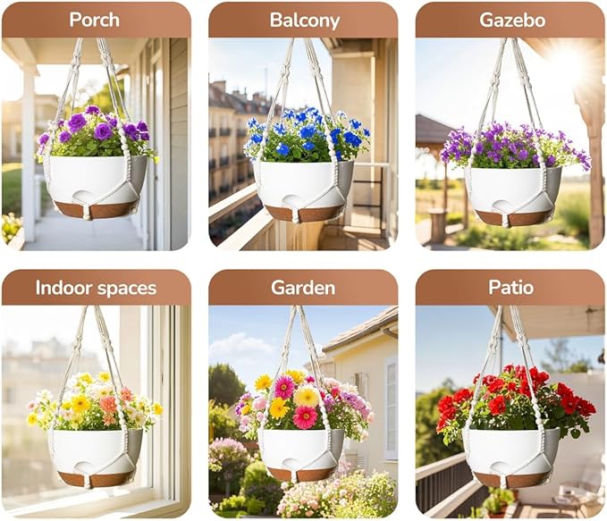 12 Inch Hanging Baskets for Plants Outdoor, Hanging Planters for Indoor Outdoor Plants, Hanging Planter with Self Watering, Hanging Flower Pots (White Planter with Macrame + Iron Hangers)-VerdiqueGarden