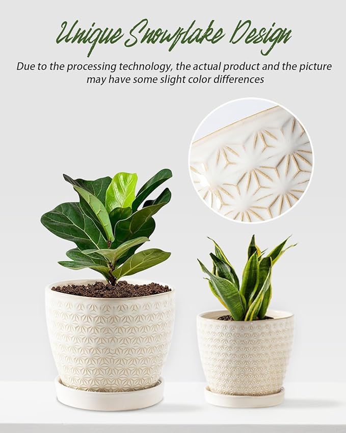 Plant Pots, Flower Pots, Planters for Indoor Plants(6.5+5.5inch), Flower Pots for Indoor Plants with Drainage Hole and Saucer, Ceramic Pots for Plants with Hole Mesh Pad,Reactive Glaze White-VerdiqueGarden