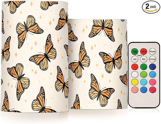 Flickering Flameless Candles, Monarch Butterflies LED Candles with Remote Timer, Set of 2 Battery Operated Candle for Valentine Wedding Birthday-VerdiqueGarden