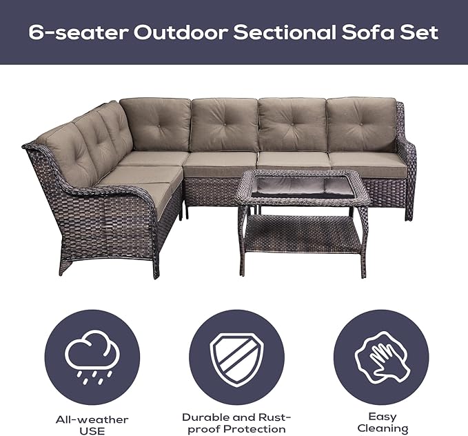 Outdoor Furniture Sectional Sofa L Shaped Couch - Patio Wicker Set with Coffee Table, 3 Piece Rattan Patio Conversation Sets with Gray Cushion for Deck Backyard Sunroom-VerdiqueGarden