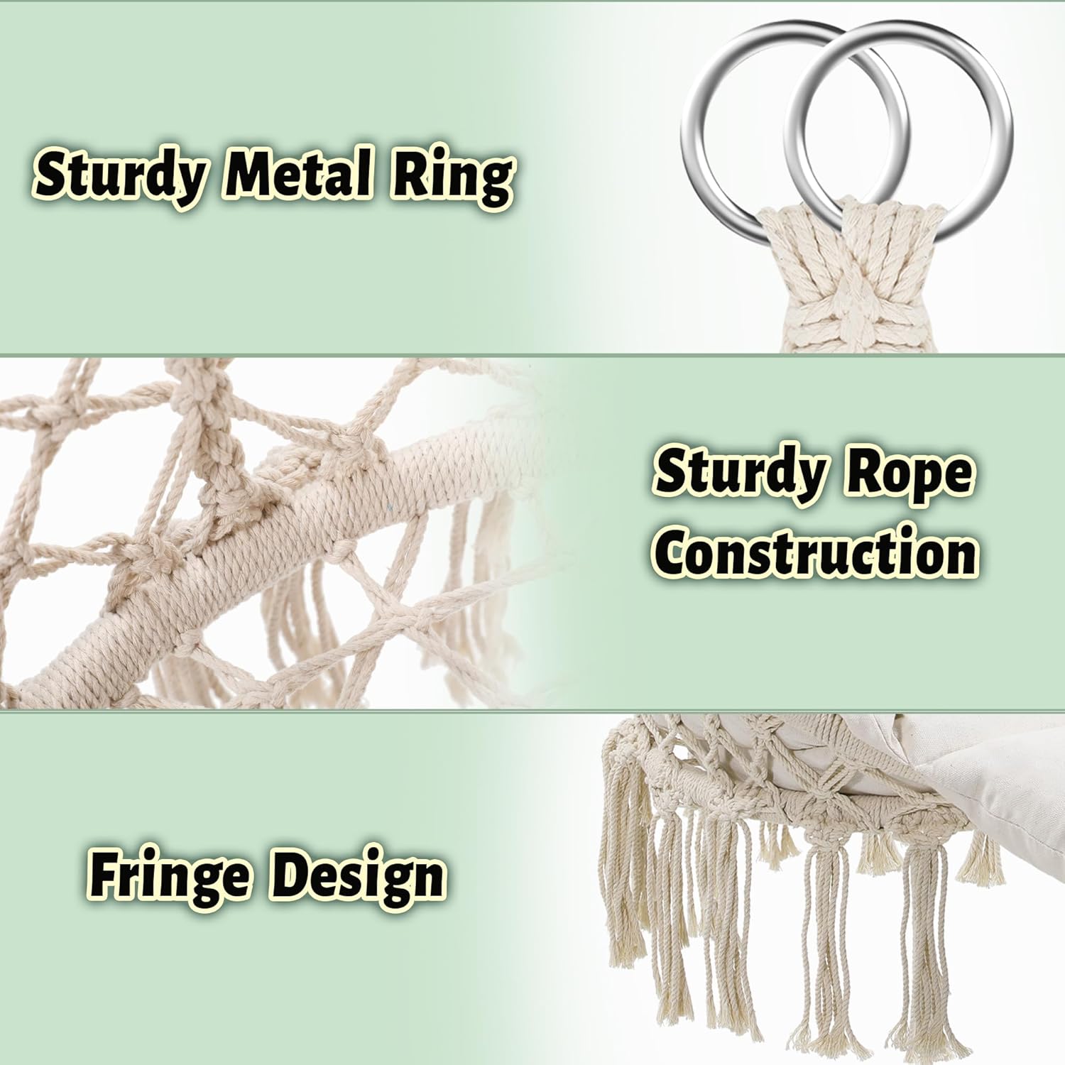 Macrame Hammock Hanging Swinging Chair with Oversized Cushion, Perfect for Bedroom, Porch, Kids, Adults, Balcony, Beige-VerdiqueGarden