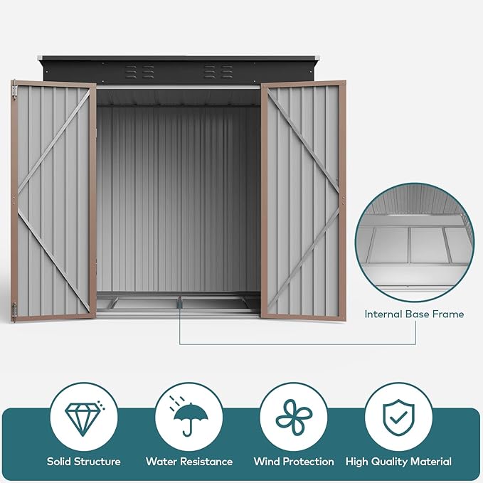 Gizoon 6' x 4' Outdoor Storage Shed with Double Lockable Doors, Anti-Corrosion Metal Garden Shed, Waterproof Shed Outdoor Storage Clearance for Backyard Patio Lawn-Brown-VerdiqueGarden