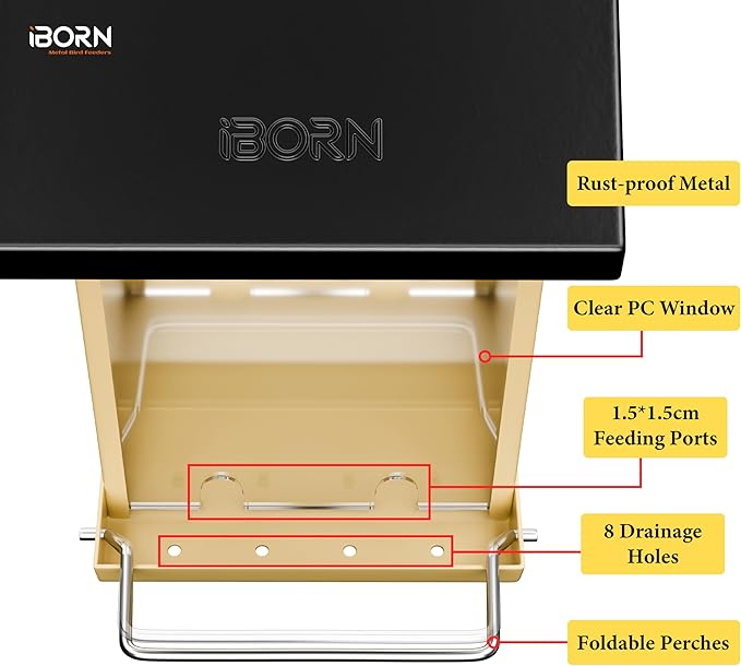 iBorn Bird Feeders for Outdoors,Bird House Feeder with Weatherproof Metal Roof & 8 Drain Holes,Fully Detachable Birdfeeder Design,Easy Clean & Refill,Chew-Proof PC Windows,1.5 Lbs Capacity,Black Roof-VerdiqueGarden