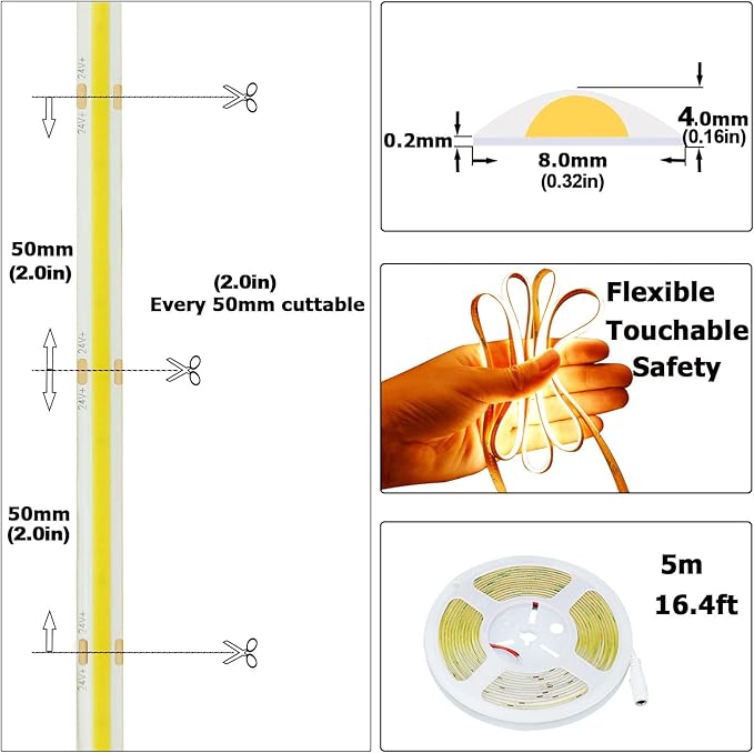 24V COB LED Strip Light Warm White 3000K 5M/16.4ft 2400LEDs Waterproof IP65 Uniform Glow CRI 93+ Flexible LED Tape Lights for DIY Cabinet Bedroom Kitchen Home Decor(No Power Supply)-VerdiqueGarden