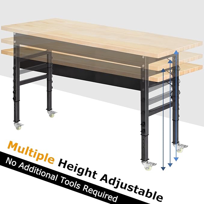 60" Adjustable Work Bench, Rubber Wood Top Workbench Heavy-Duty Work Table with Power Outlet with Wheels, 2000 LBS Load Capacity Hardwood Work Benches for Garage, Workshop, Home, Office, Easy Assembly-VerdiqueGarden