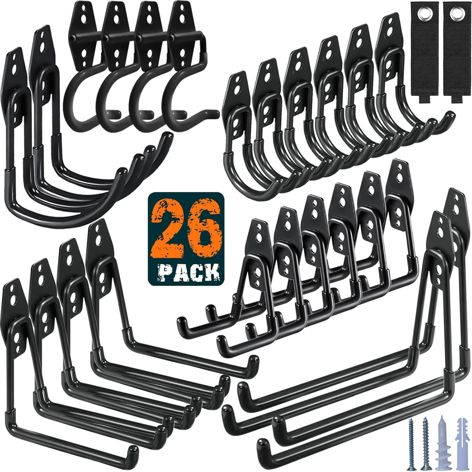 26 Pack Garage Hooks Heavy Duty Utility Steel with Anti-Slip Coating Wall Mount Storage Organizer for Hanging Power and Garden Tools, Ladders, Hose, Bikes, Ropes, Bulk Items, and More-VerdiqueGarden