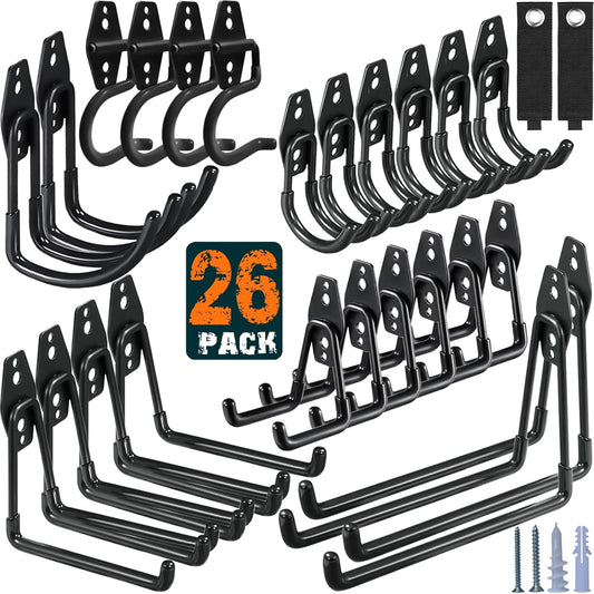 26 Pack Garage Hooks Heavy Duty Utility Steel with Anti-Slip Coating Wall Mount Storage Organizer for Hanging Power and Garden Tools, Ladders, Hose, Bikes, Ropes, Bulk Items, and More-VerdiqueGarden
