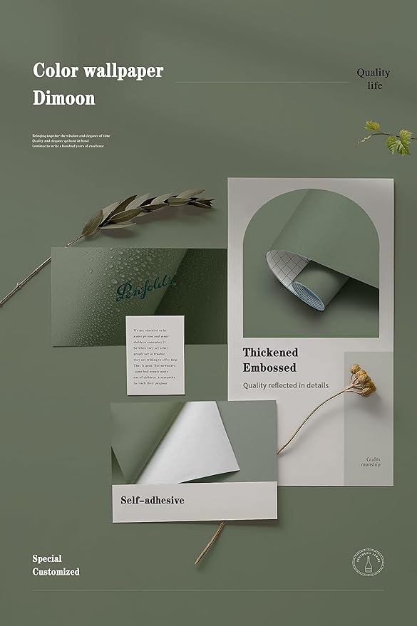 Dimoon 78.7"x15.7" Leaf Green Peel and Stick Wallpaper Green Leaf Thicken Waterproof Contact Paper Solid Grey Green Gray Wall Paper Self Adhesive Wallpaper Removable Shelf Drawer Liner Vinyl Roll-VerdiqueGarden