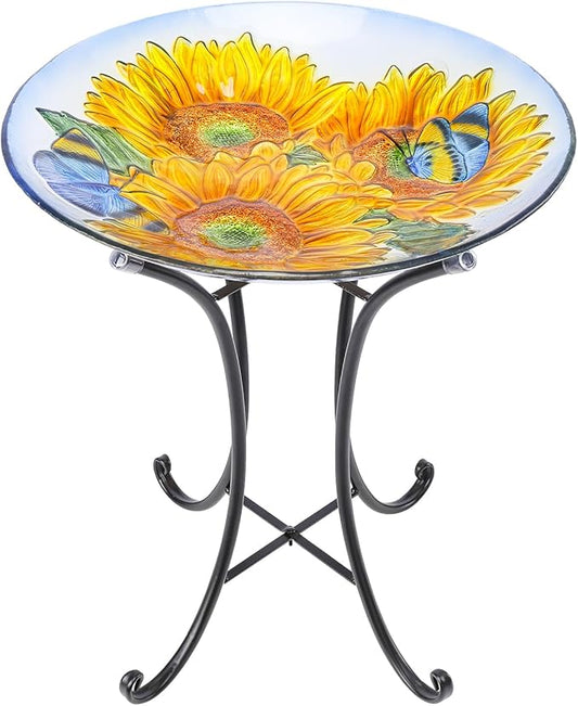 VCUTEKA Bird Baths for Outdoors, Glass Bird Bath with Metal Standing for Garden, Yards Patio Décor, Bird Lovers Gift, Sunflower Glass Birdbath Detachable (22" H * 18" W)-VerdiqueGarden