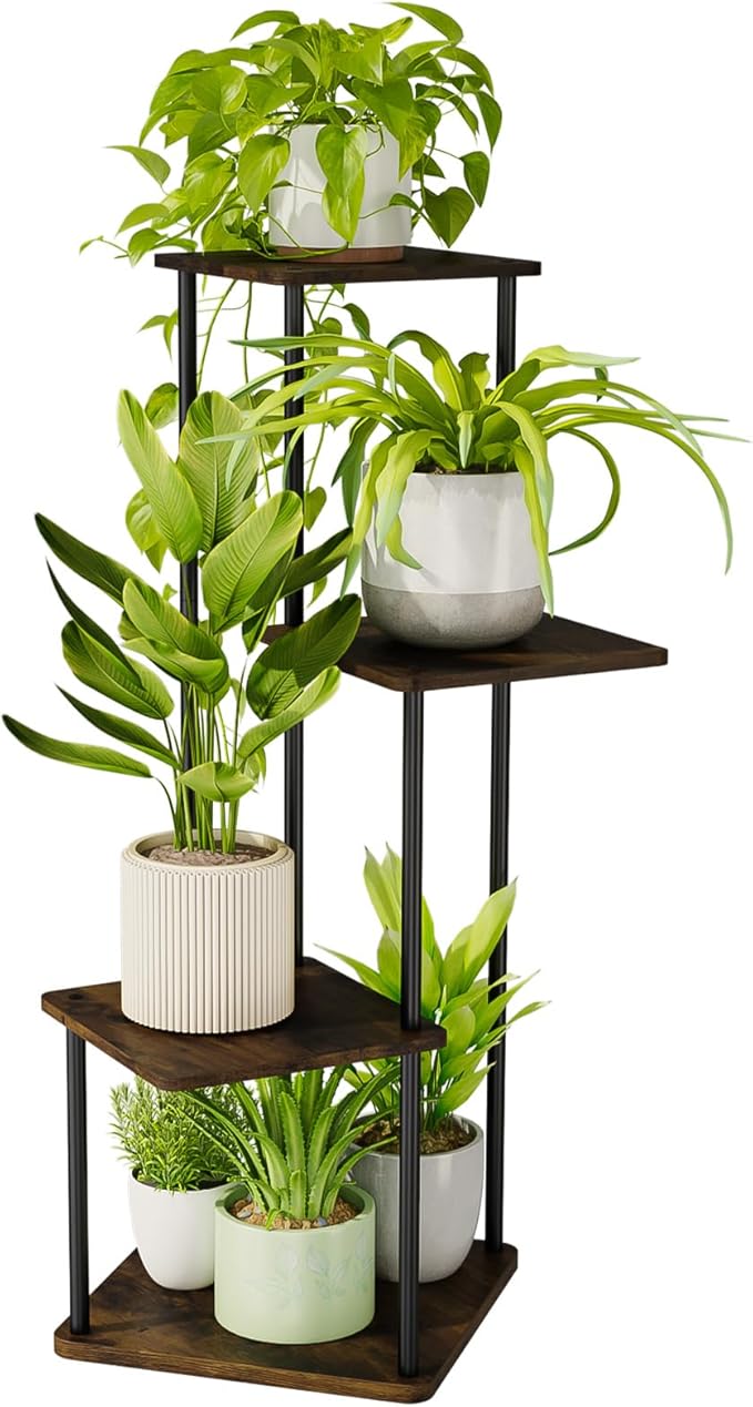 Bamworld Small Plant Stand Indoor, 4 Tier Metal Plant Shelf for Multiple Plants, Corner Flower Stand for Patio Garden Balcony Living Room Bedroom(Brown)-VerdiqueGarden