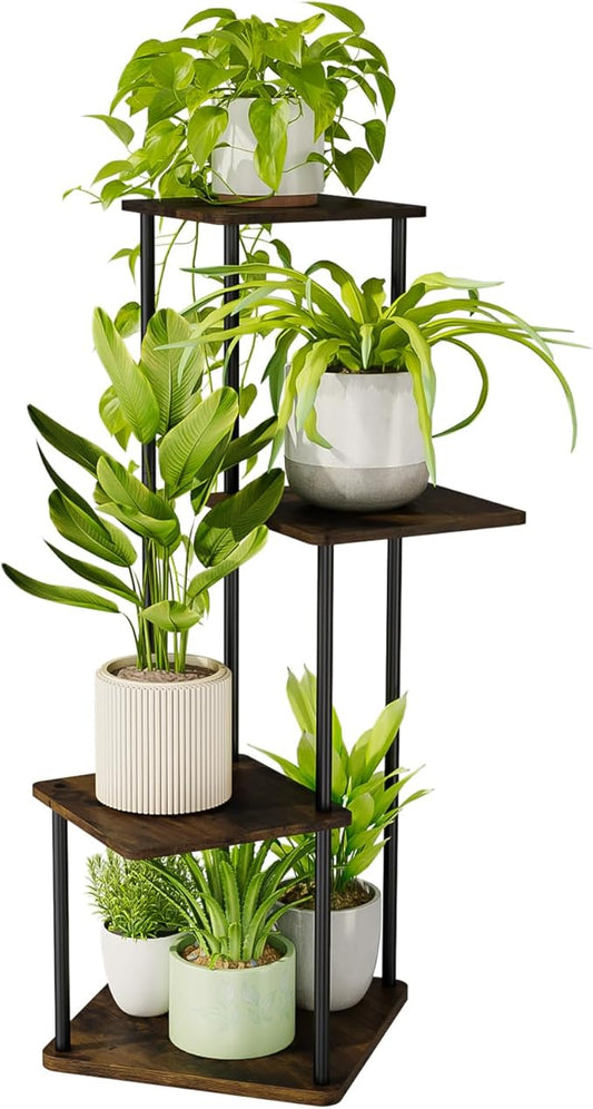 Bamworld Small Plant Stand Indoor, 4 Tier Metal Plant Shelf for Multiple Plants, Corner Flower Stand for Patio Garden Balcony Living Room Bedroom(Brown)-VerdiqueGarden