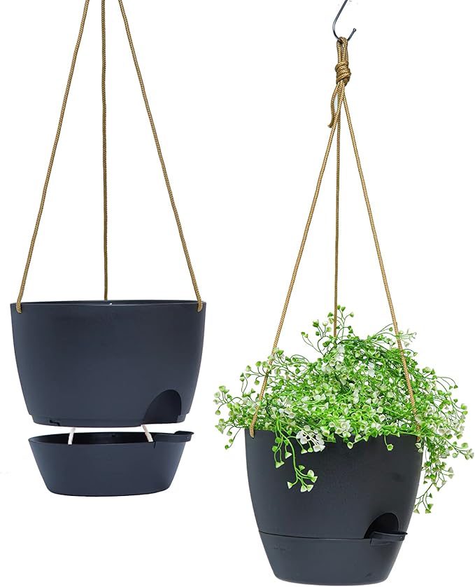 10 Inch Self Watering Hanging Pots, 2 Pack Hanging Planters with 40oZ Deep Reservior for Indoor Outdoor Plants Flowers, Black-VerdiqueGarden