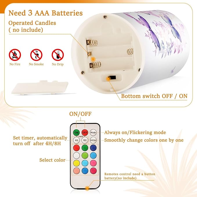 Flickering Flameless Candles, Butterflies Purple LED Candles with Remote Timer, Set of 2 Battery Operated Candle for Valentine Wedding Birthday-VerdiqueGarden