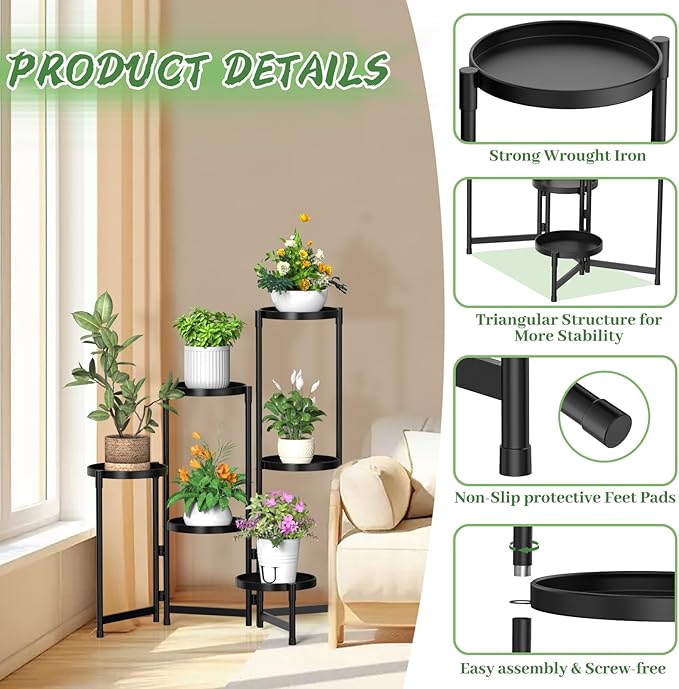 MOKANI Metal Plant Stand Indoor Outdoor for Multiple Plants, 6 Tiered Folding Corner Shelf Tall Flower Pot Holder Display Rack for Patio Living Room Balcony Garden, Black-VerdiqueGarden
