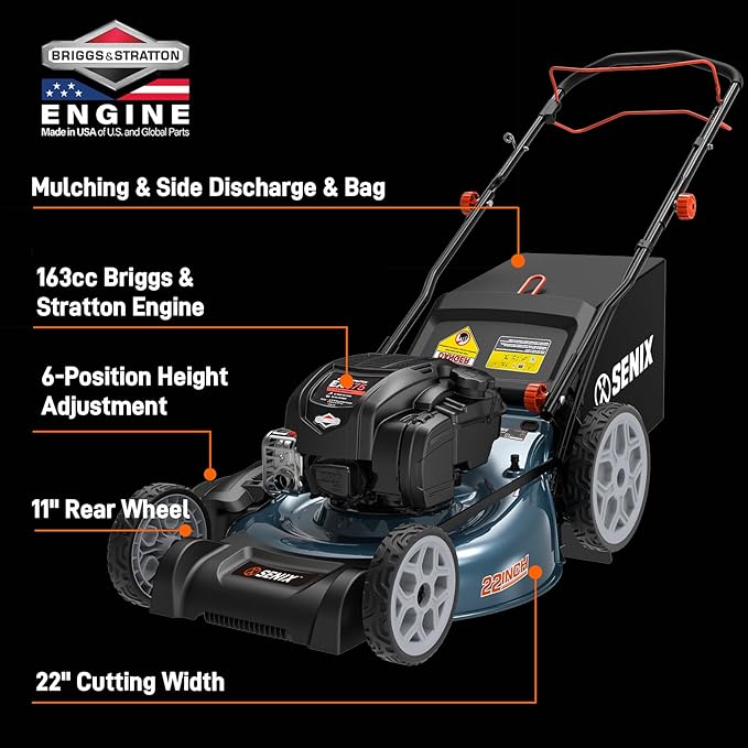 SENIX Gas Lawn Mower, 22" Self Propelled Gas Powered Lawnmower with 163cc B&S 4-Cycle Engine, 3-in-1 Walk-Behind Push Lawn Mower, 6-Position Height Adjustment-VerdiqueGarden