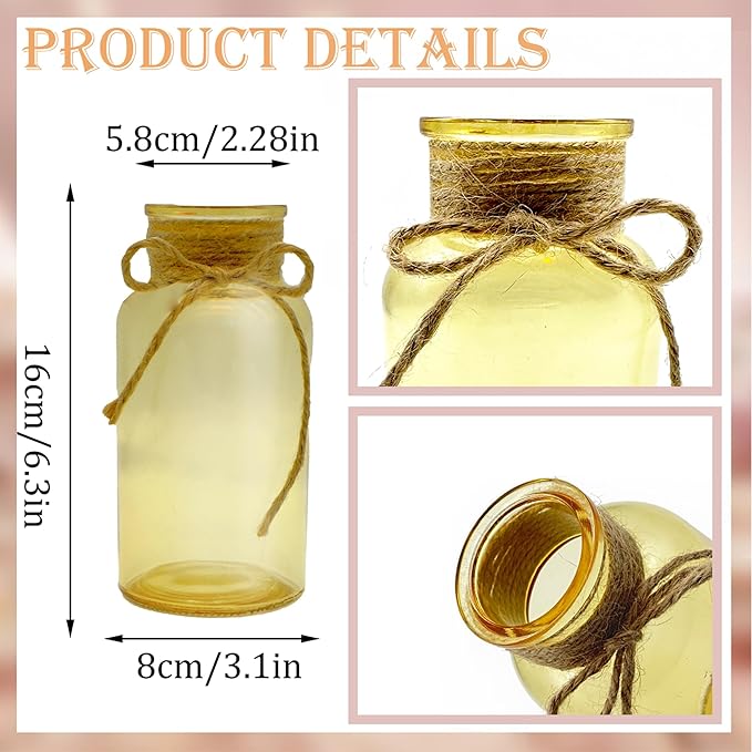 Vintage Glass Flower Vase，12 Pack Gold Amber Farmhouse Glass Centerpiece Vases Mason Jars for Weddings, Parties & Home Decor Bulk (12, Gold)-VerdiqueGarden