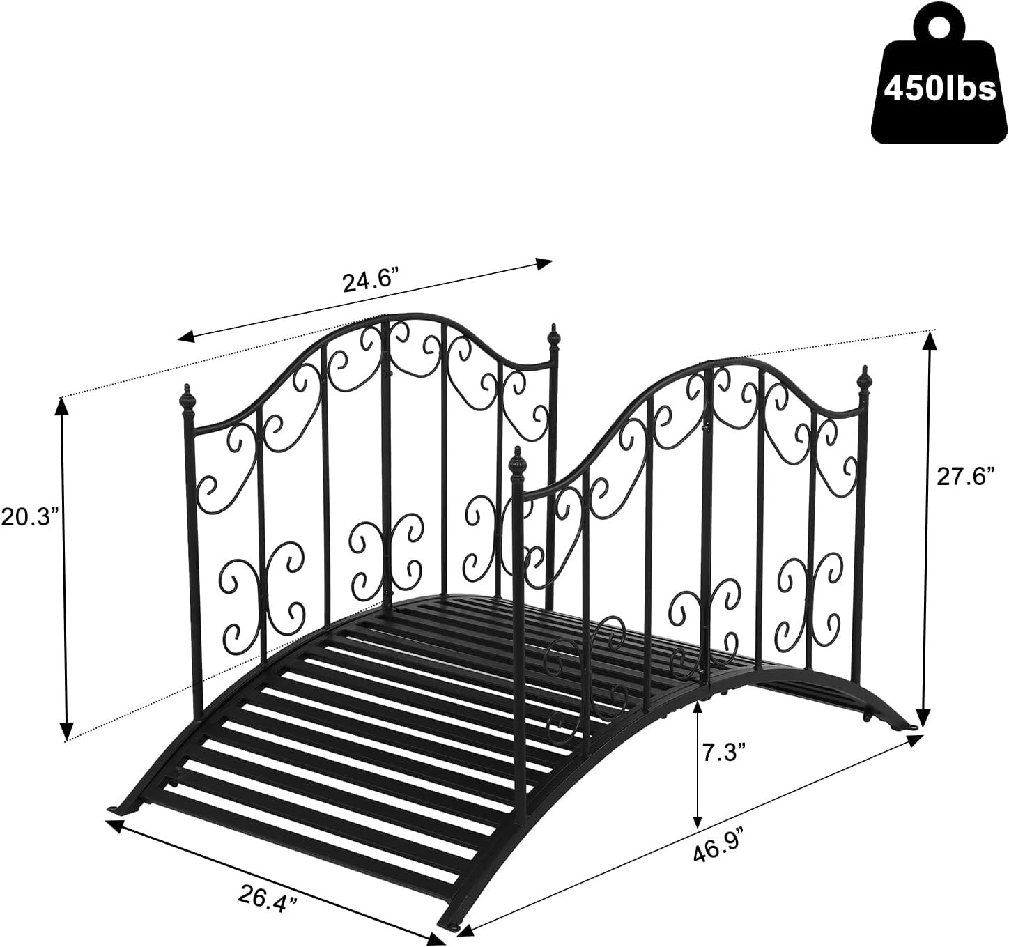 VINGLI Garden Bridge Metal Yard Arch Path Bridge with Patterned Guardrails, Ourdoor Decorative Black Iron Foot Bridge for Pond and Backyard Landscaping-4FT-VerdiqueGarden