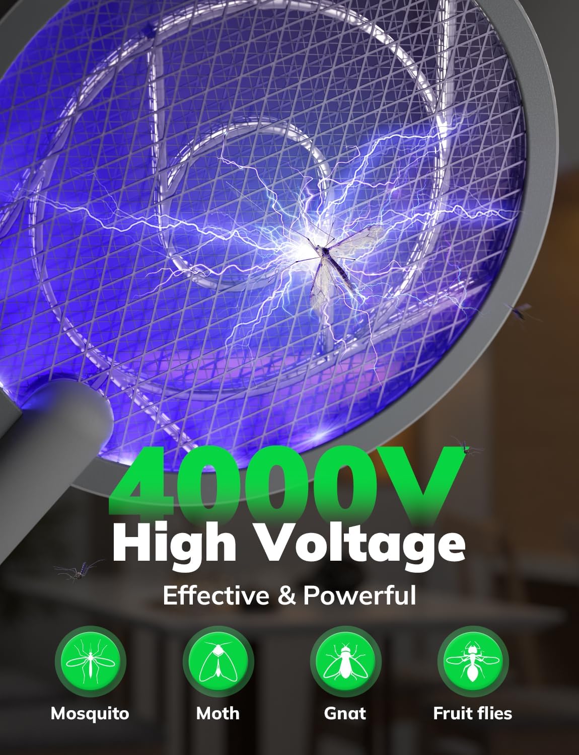 YISSVIC Electric Fly Swatter Bug Zapper Racket 4000V LED Screen Dual Modes Fly Zapper Rechargeable for Indoor Home Office Backyard Patio Camping-VerdiqueGarden