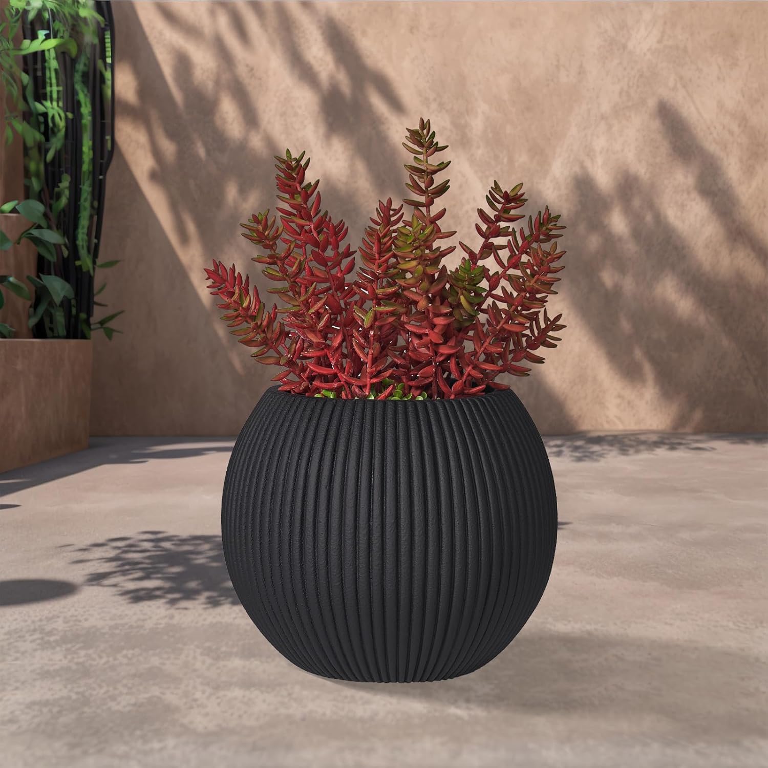16 Inch Handmade Concrete Outdoor Planter - Classic Striped Design | Fiberglass & Composite Material | Durable for Commercial & Home Decor-VerdiqueGarden