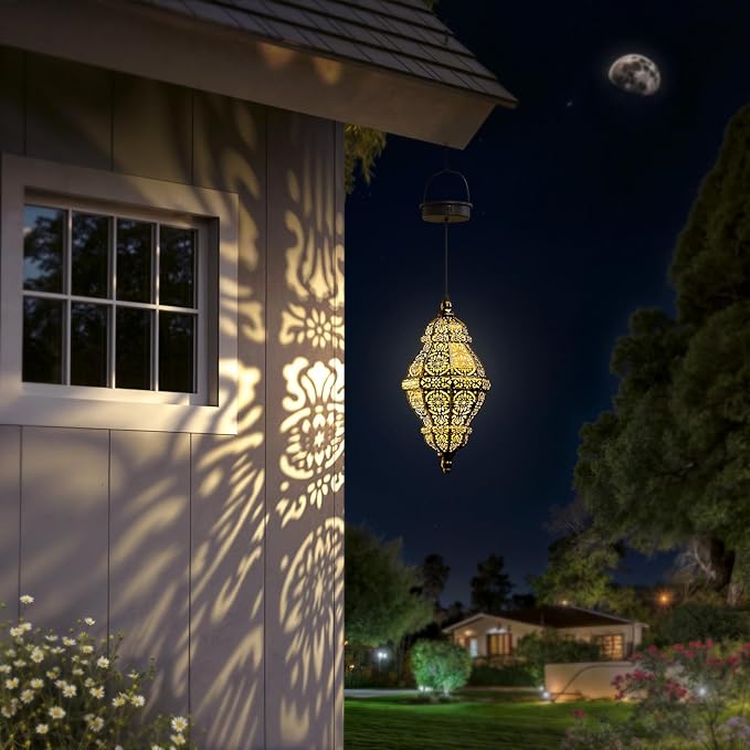 Twinkya 2 Pack Hanging Solar Lights Outdoor Garden Decor, Waterproof Plastic Moroccan Solar Powered Lantern Lamp, Outside Decorations for Patio Yard Porch Backyard Decor, Gardening Gifts for Women Mom-VerdiqueGarden