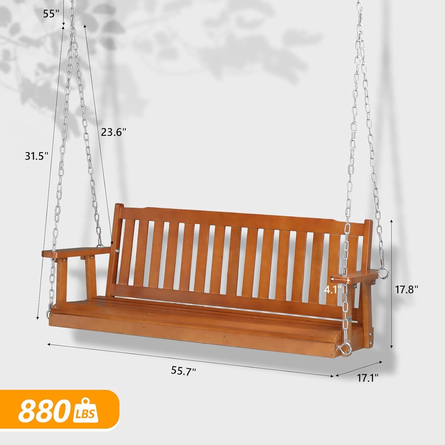 VINGLI Heavy Duty 880 LBS 5 FT Wooden Porch Swing Outdoor, Outdoor Hanging Swing Bench (5 FT, Brown)-VerdiqueGarden